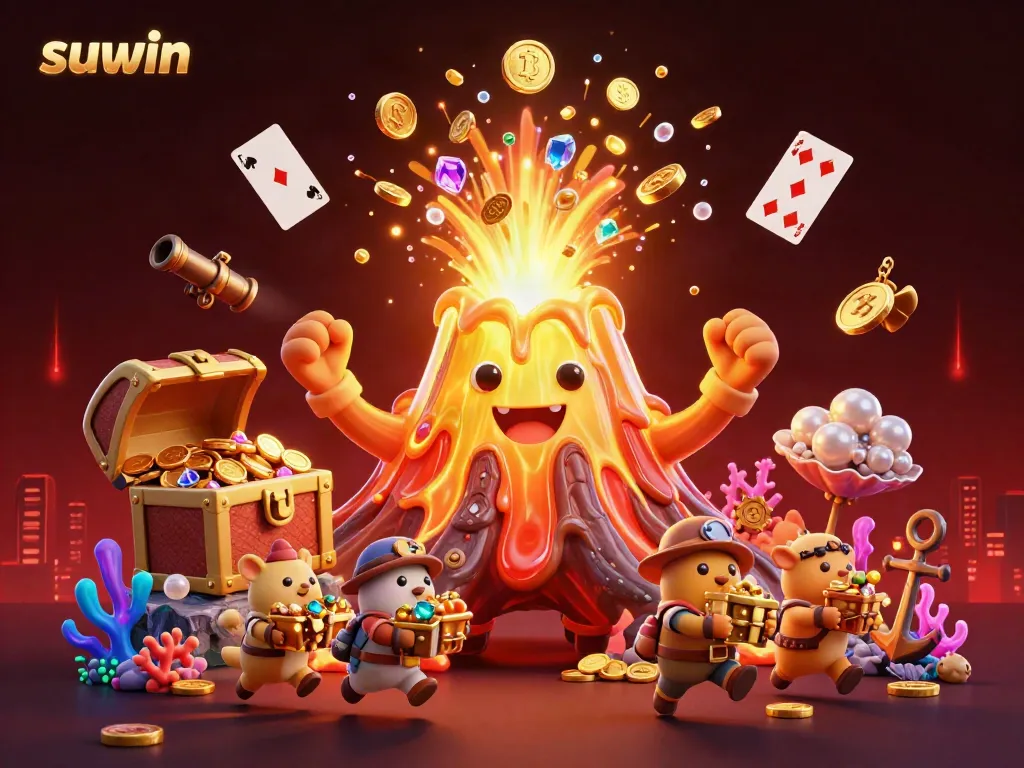 Suwin offers a vibrant 3D scene of a triumphant volcano amidst flowing coins and treasure, showcasing dynamic gambling excitement.