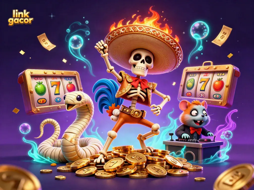 Experience thrilling gameplay with link gacor in this vibrant 3D casino illustration featuring dynamic characters and slot elements.