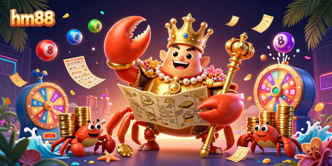 Engage with the vibrant world of hm88 through a dynamic scene of a golden crab emperor and playful lottery elements.