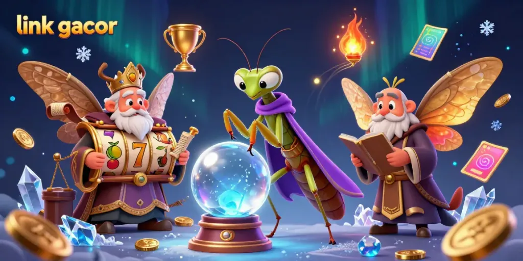 Experience the thrill of gaming with the link gacor illustration featuring a fortune teller, librarian, and vibrant slot elements.
