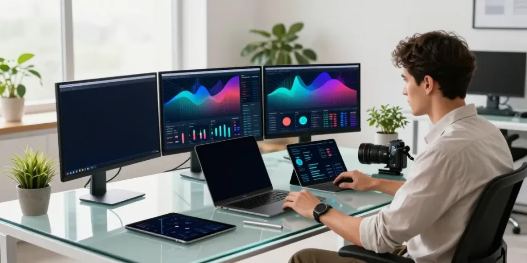 Data analyst using a free AI visibility checker in a modern workspace.