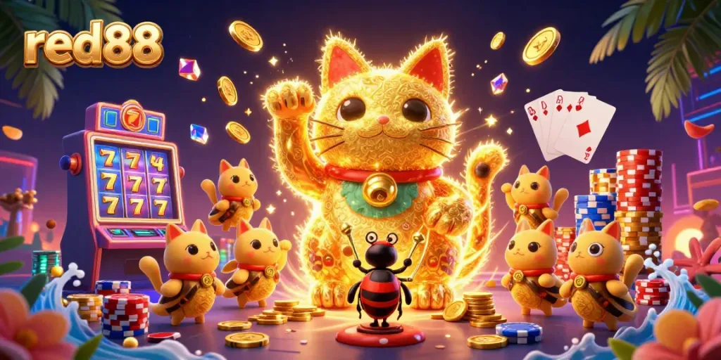 Experience thrilling gaming with red88's lively lucky cat and casino symbols in a vibrant 3D scene.