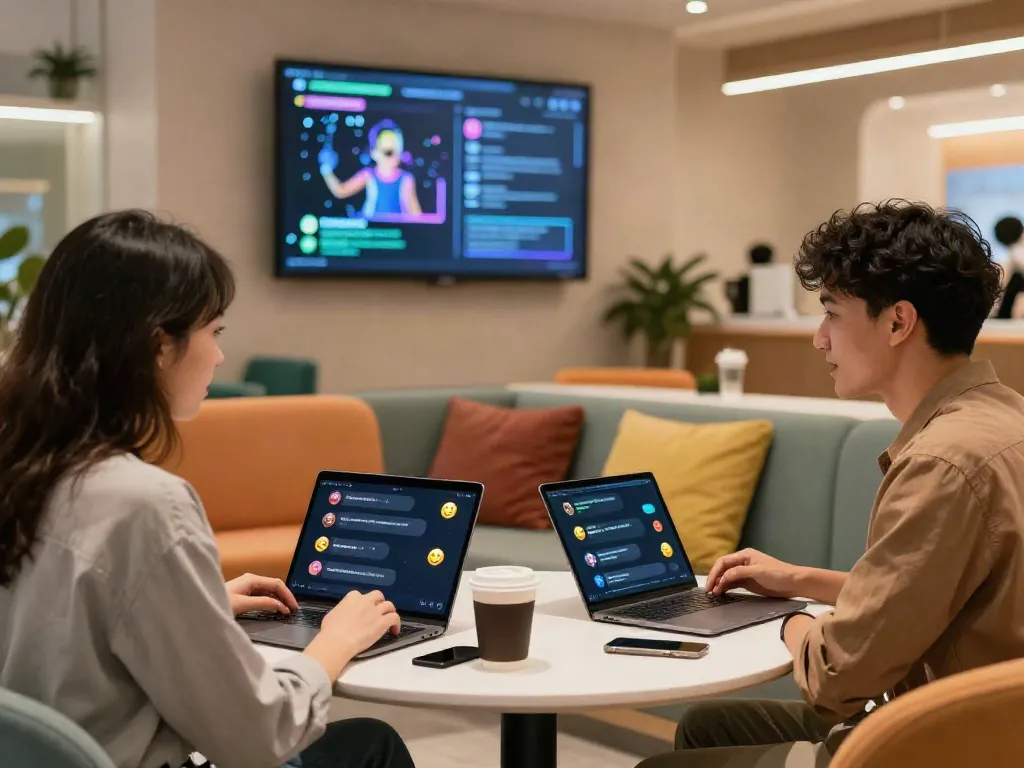 Couple engaging in a spicy AI chat in a vibrant digital lounge.