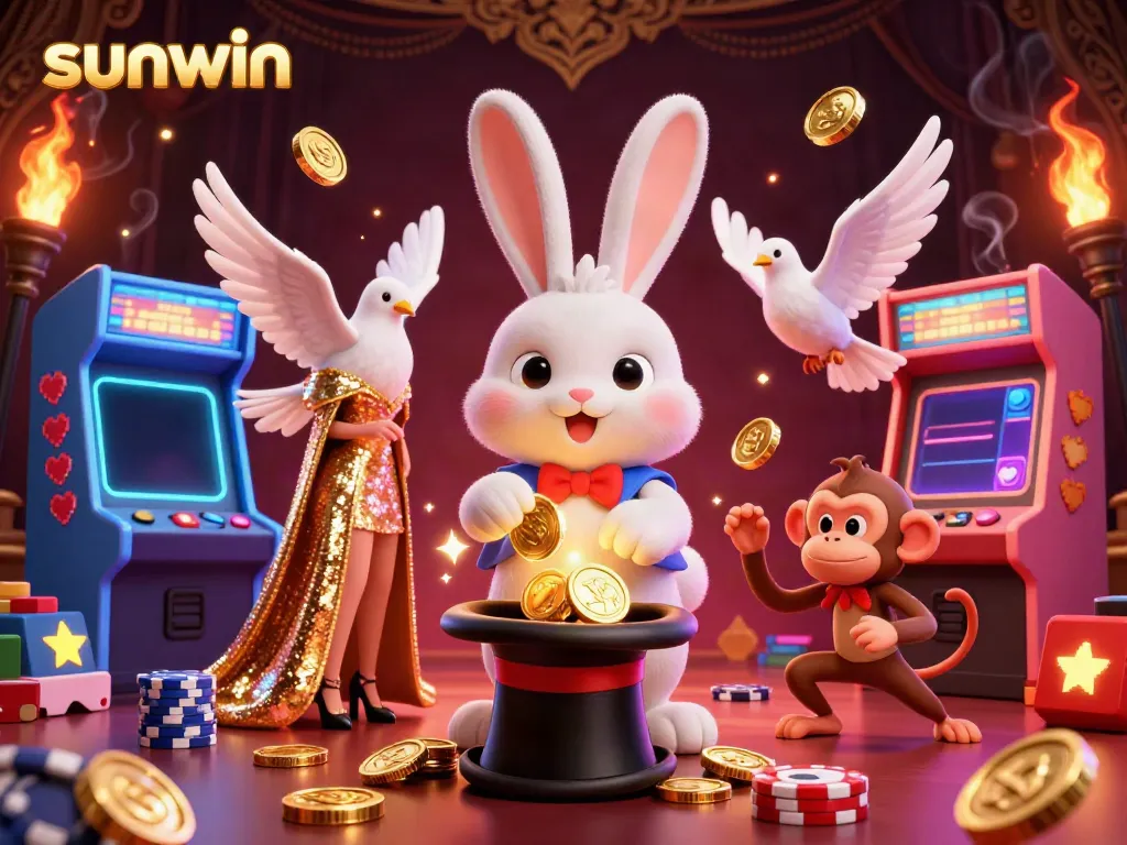 Experience the magic of sunwin's vibrant casino world with a playful magician and friends.