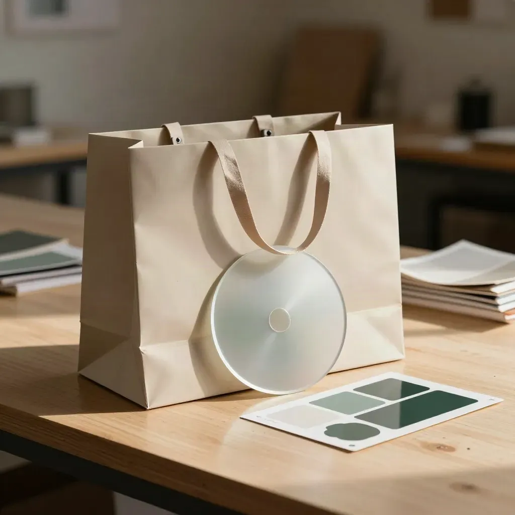 Matte papieren tas, acryl logo-schijf en stickerblad op een lichte houten balie.
