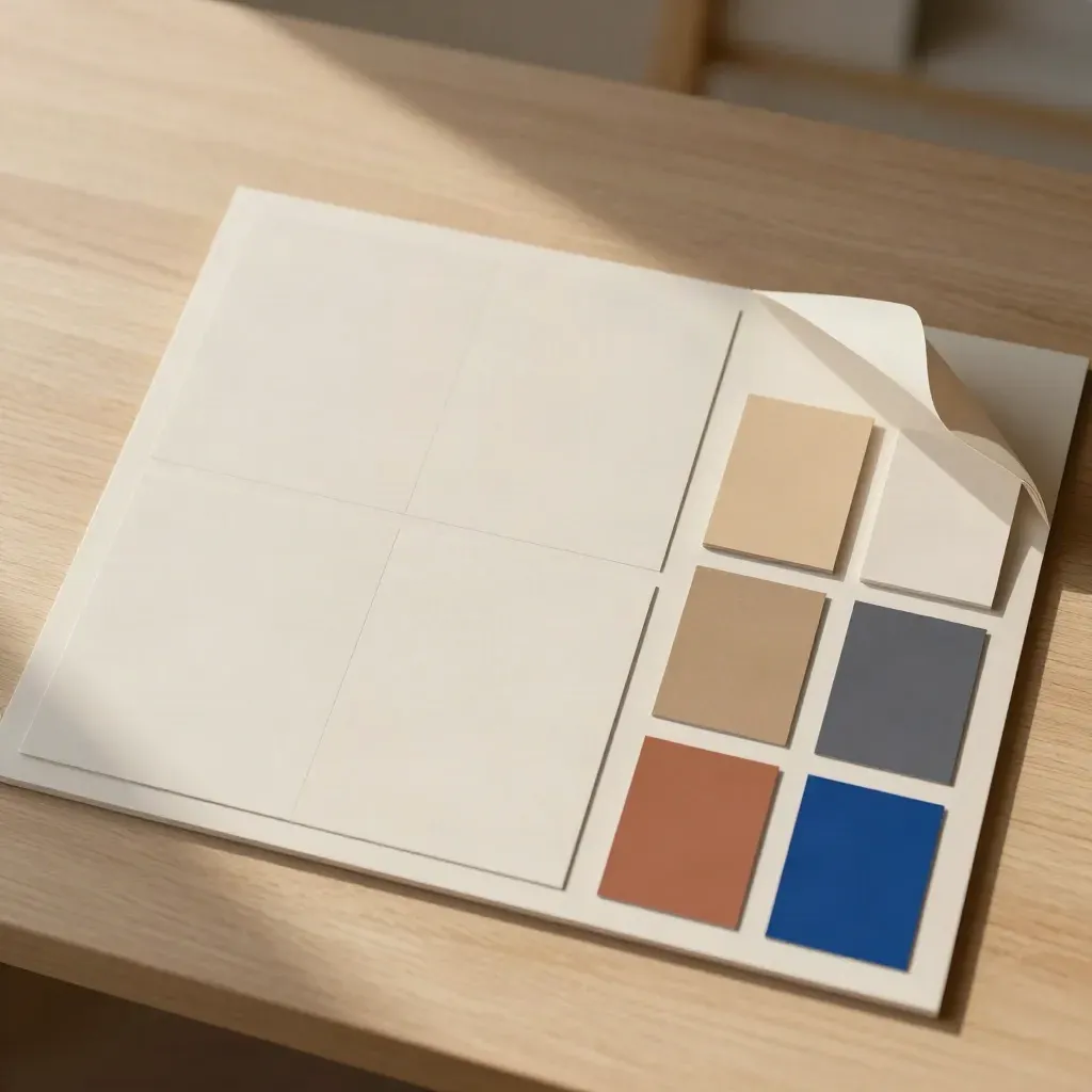 Bovenaanzicht van een merkplan met mockup-kaarten, verpakkingssamples en kleurchips op licht hout.
