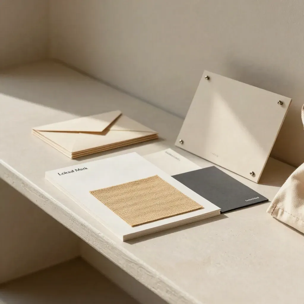 Huisstijlset op een pleisterbank, met swatch, enveloppen, tote bag en schuivende kaart.
