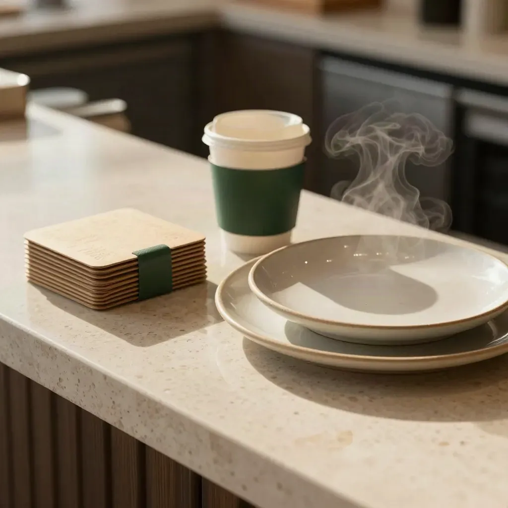 Restaurant identity kit met napkin bands, coasters, bekersleeves en keramisch bord in stoomlicht.
