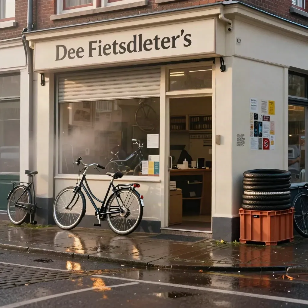Gevel van een fietsenzaak met half geopend rolluik, natte stoep en gerepareerde fietsen.