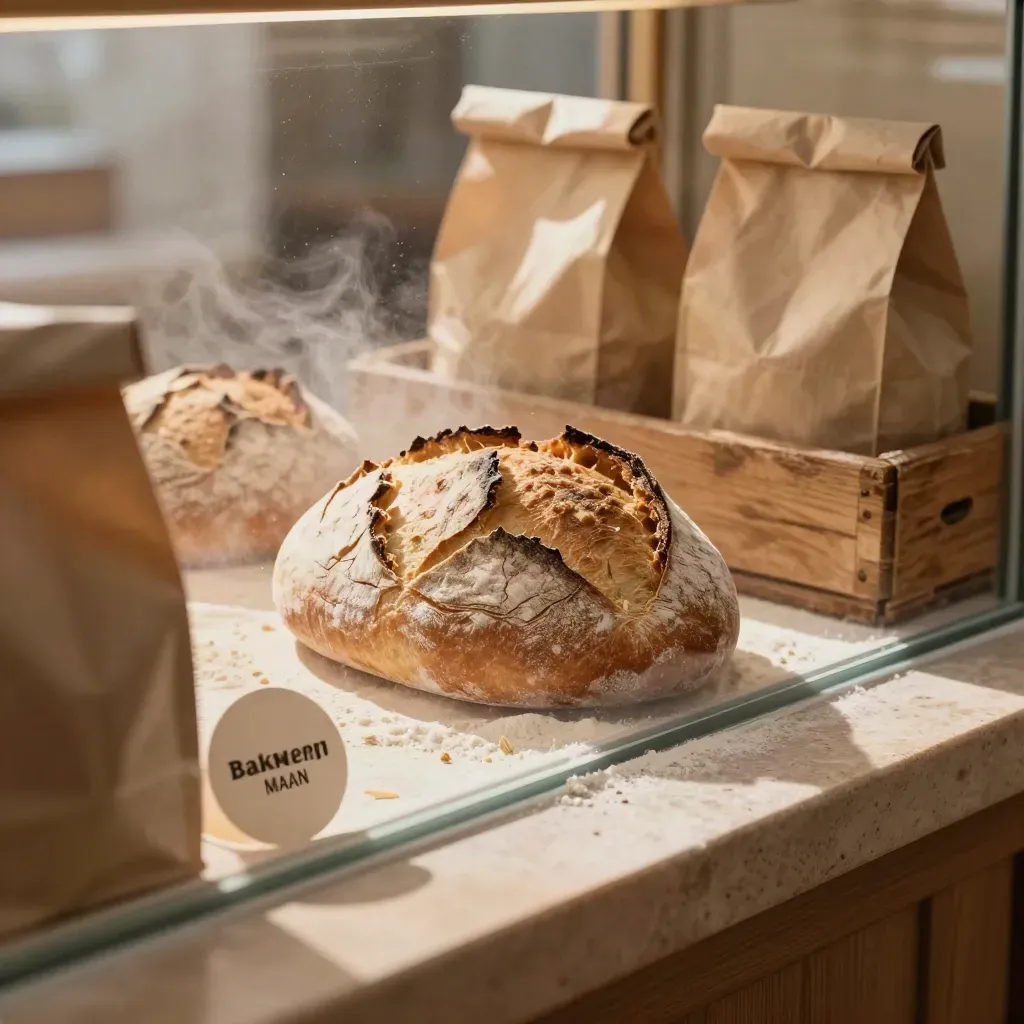 Bakkerijraam met broodkratten, papieren zakken en een rond decal op een zandkleurige toonbank