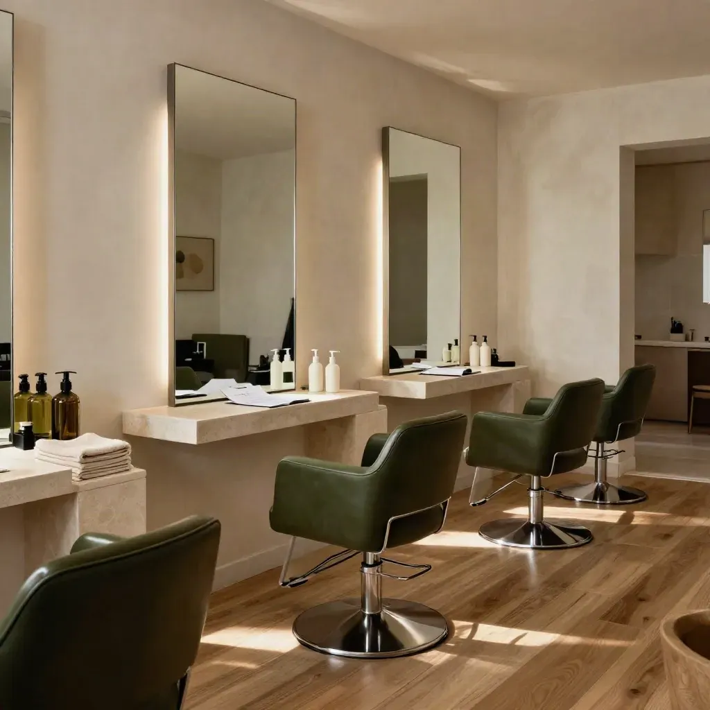 Rustige salon met spiegels, handdoeken, flessen en omgeslagen huisstijlboekje