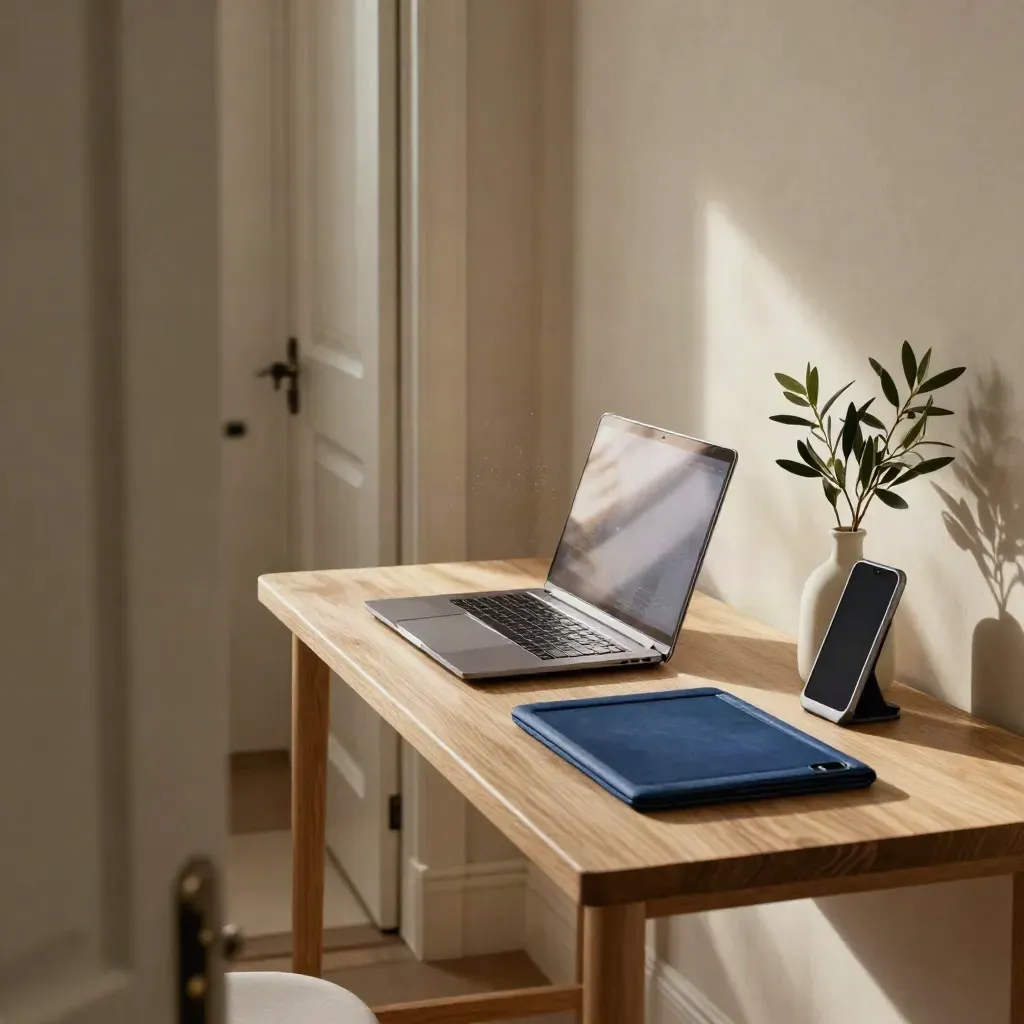 Rustige zorgconsult-hoek met laptop, tablet, telefoonstandaard en vaas bij open deuropening.