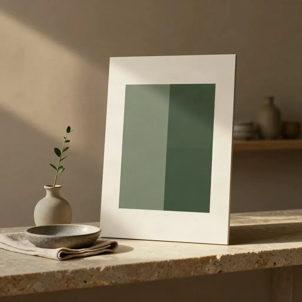Matte printboard, keramisch schaaltje, gevouwen doek en plantstengel op lichte steen.