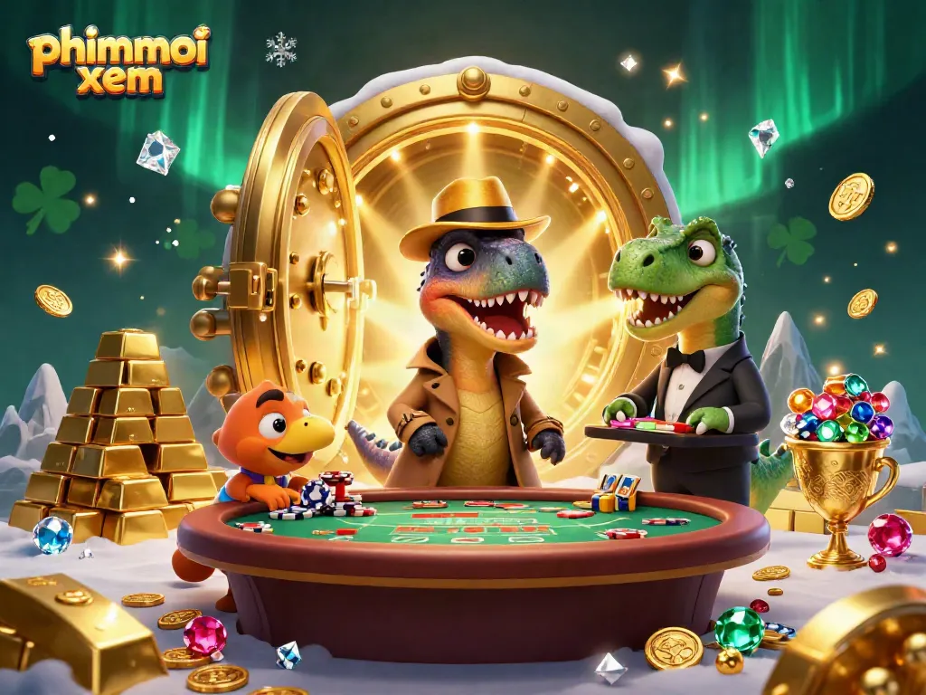 Experience phimmoi xem in a vibrant 3D illustration featuring animated dinosaurs at a casino table.
