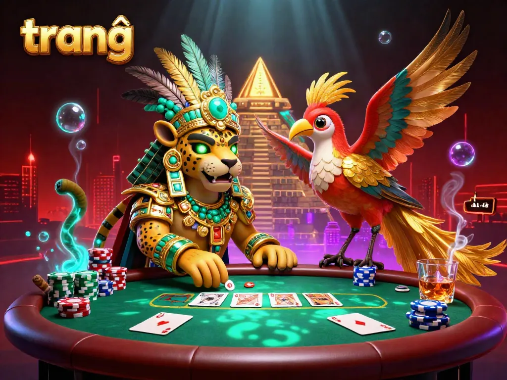 Engage with the vibrant casino atmosphere featuring "trang chủ" and Mayan themes amidst poker action.