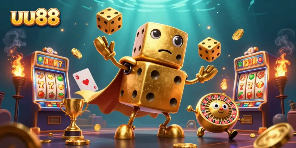 Engage with uu88's immersive slot gaming experience featuring dynamic golden dice and rich casino elements.