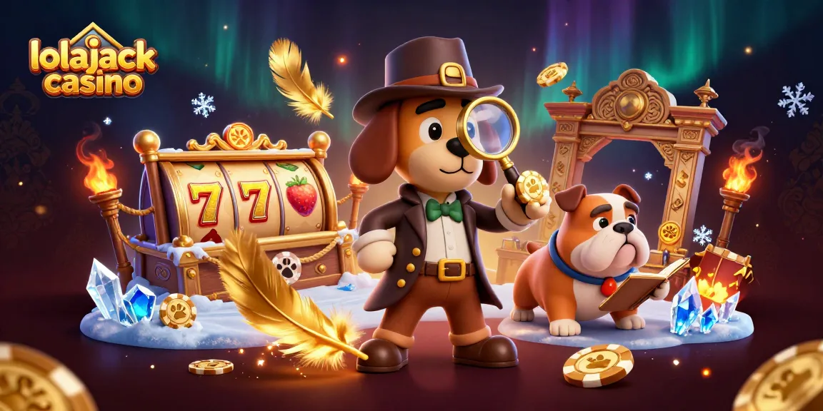 Join the fun at lolajack casino with an illustration of a detective dog investigating poker clues amidst dynamic gaming elements.