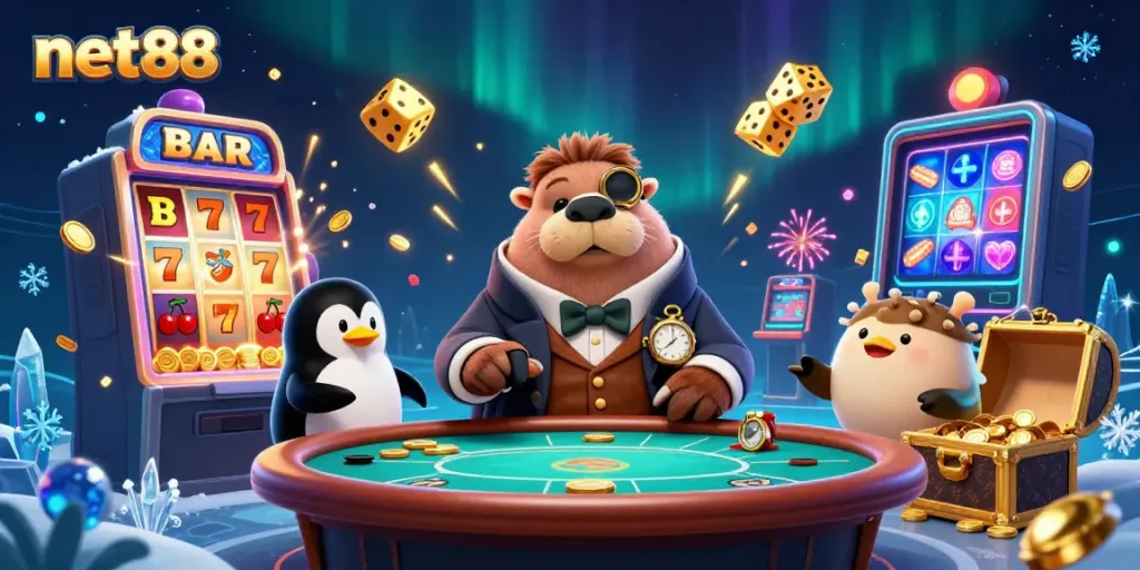 Engage in thrilling net88 action with a jolly walrus and friends at an underwater poker table.
