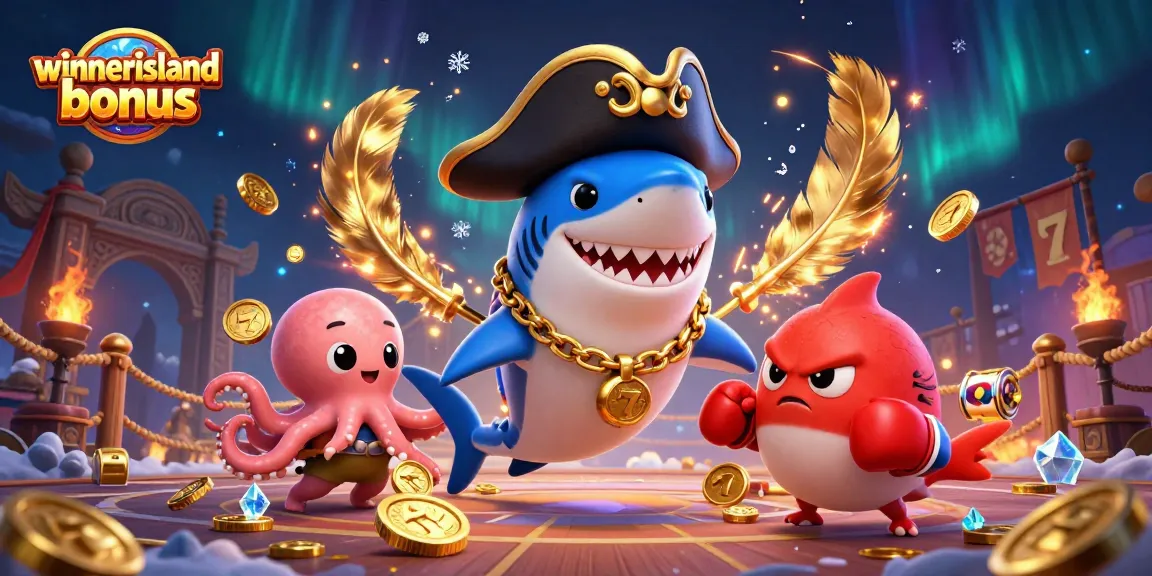 Experience the excitement of the winnerisland bonus in this vibrant 3D casino scene with unique characters.