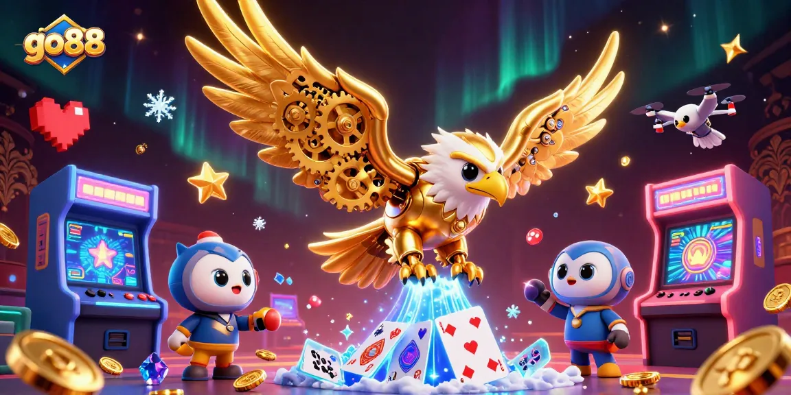 Experience go88's vibrant gaming world with a cybernetic eagle soaring amidst casino elements.