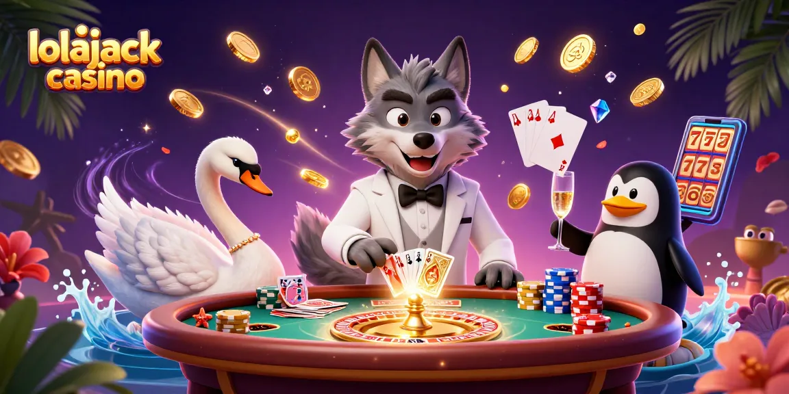 Experience thrilling wins at lolajack casino with vibrant gaming characters and shimmering elements.