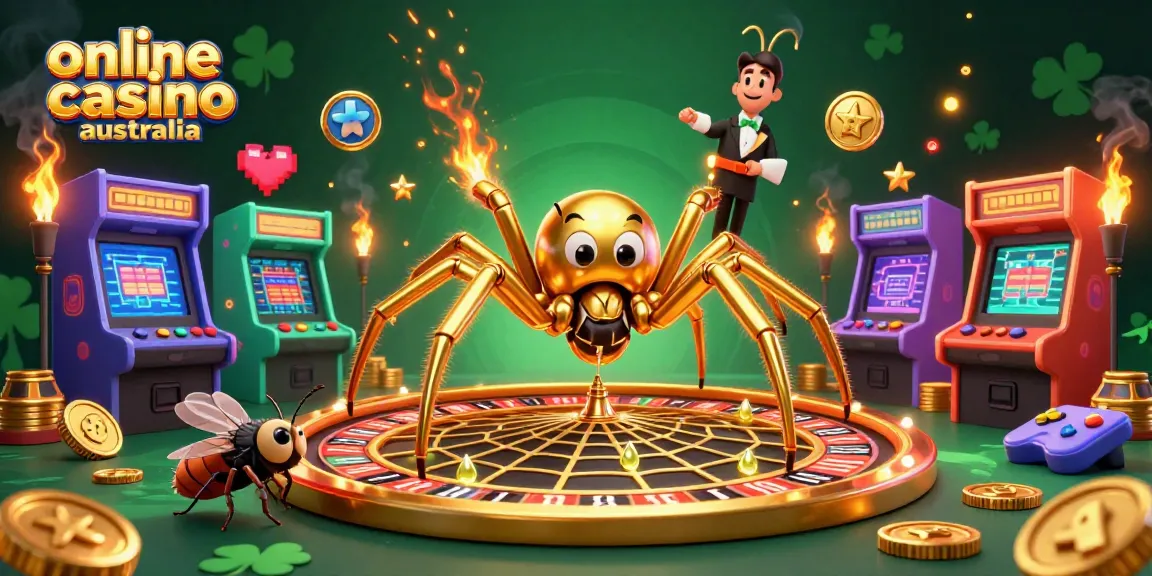 Engaging 3D illustration of online casino australia featuring a spider and croupier with vibrant gaming elements.